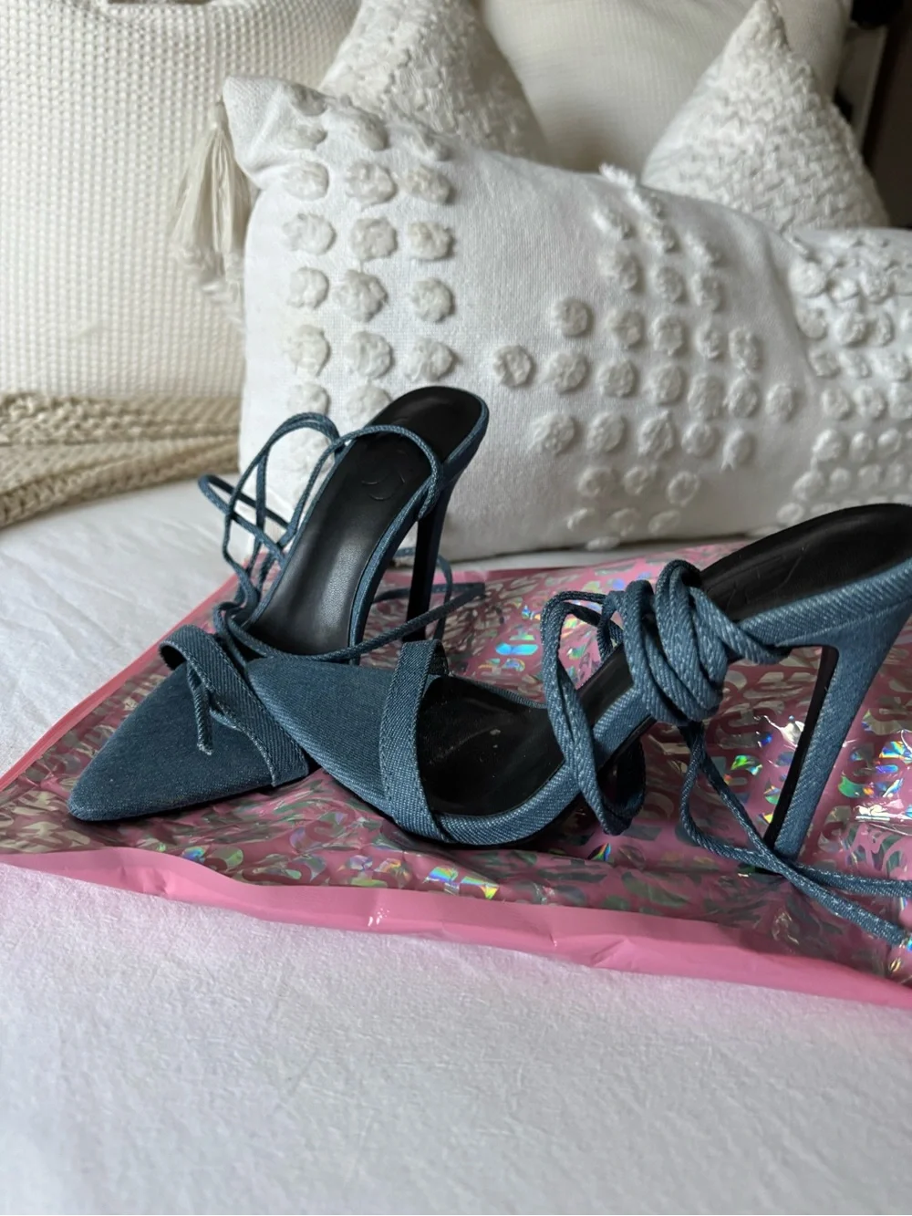 Women’s Denim Lace-Up Pointed Toe Heels - Blue